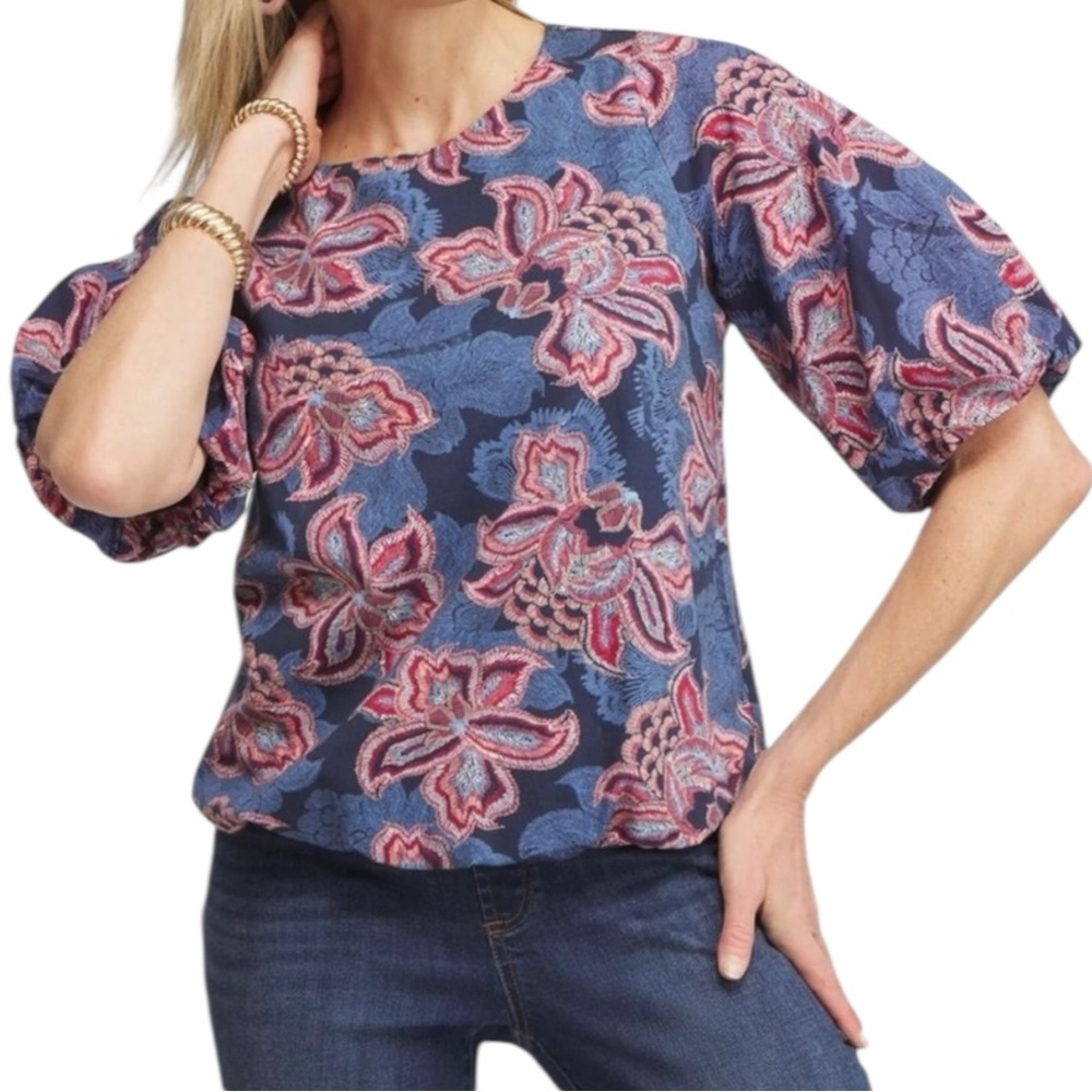 Chico’s Floral Bubble Hem Top Women's XL Navy Lined Ballon Sleeves 100% Cotton